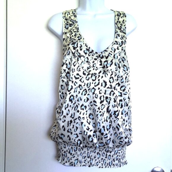 Vertigo Animal Print Racerback Top Ruffled Neckline Stretch Banded Hem EUC Sz M - Picture 1 of 5